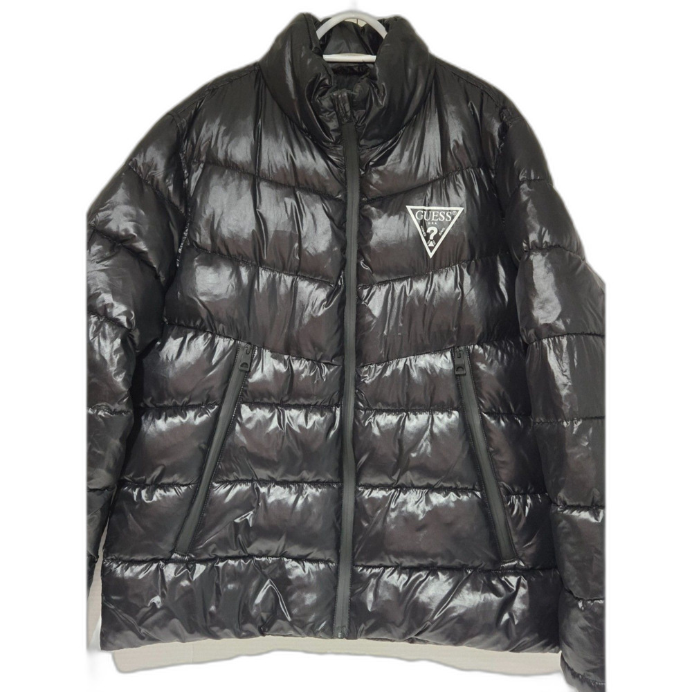 Guess High Shine Hooded Puffer Jacket | Men's Size XL | Glossy Black